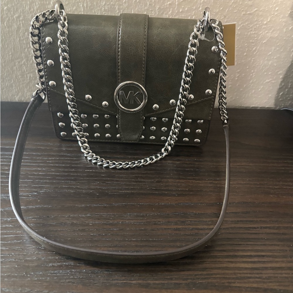 NEW AUTHENTIC Michael Kors Greenwich Dark Green Studded Flap Crossbody Bag